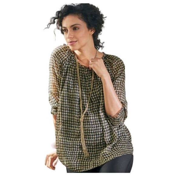 Soft Surroundings Ines Black Tan Metallic Blouse Top Women’s Large Houndstooth - Picture 1 of 9